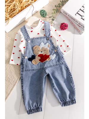 Babymod Ayıcık Figürlü Denim 2'li Kız Bebek Kot Salopet Tulum