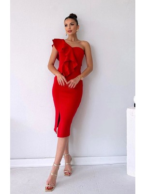 Tek Omuz Fırfır Scuba Elbise