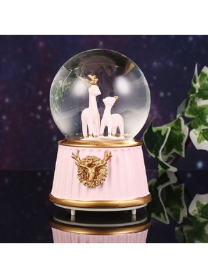 PremiumPort Işıklı ve Müzikli Geyik ve Yavrusu Kar Küresi, Pembe, 12X8 cm
