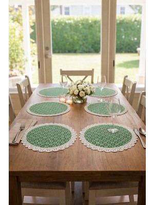 Rona Home Lüx Yeşil Dantelli Amerikan Servis – Yuvarlak Supla Takımı – Leke Tutmaz 6 Lı Takım