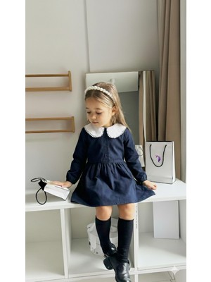 Monila Kız Çocuk Lacivert Bebe Yaka Düğmeli Elbise