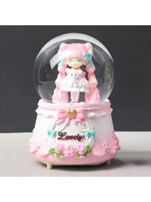 PremiumPort Çiçekli Sevimli Kız Büyük Boy Püskürtmeli Müzikli Işıklı Kar Küresi