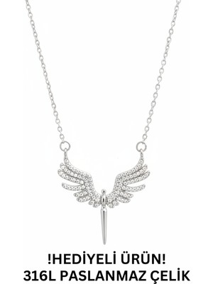 Stelo Forte Zirkon Taşlı Yusufçuk Kolye Paslanmaz Çelik Gümüş Renk Çelik Kolye