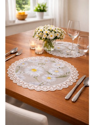 Rona Home 6 Adet Pamuklu Dantel Kenarlı Supla Takımı - Vintage Papatya Desenli Masa Matı