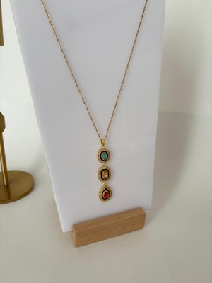 Marsel Özel Seri Çok Renkli Taşlı Y Model Çelik Gold Kolye