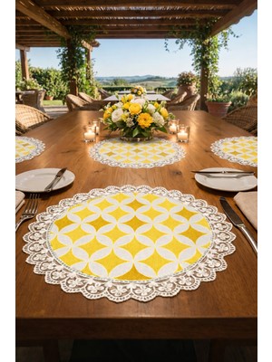 Rona Home Lüks Güpürlü Supla Seti 6 Kişilik Sarı Geometrik Desenli Dantelli Yemek Masası Servis Altlığı Takımı
