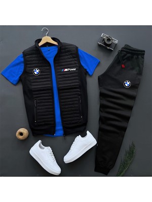 Risil-Nu Company Basic Bmw Mpower Baskılı Kapitone Yelek -Yazlık Eşofman Altı -T-Shirt 3'lü Alt Üst Takım