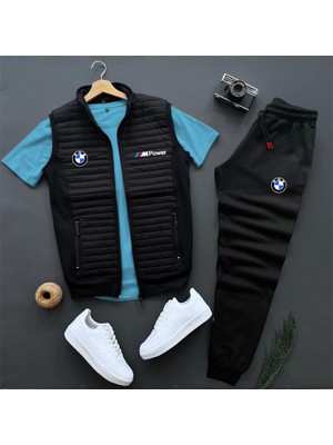 Risil-Nu Company Basic Bmw Mpower Baskılı Kapitone Yelek -Yazlık Eşofman Altı -T-Shirt 3'lü Alt Üst Takım