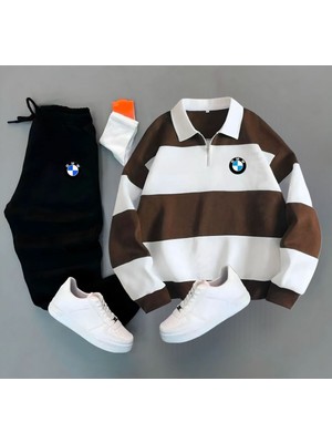 Risil-Nu Company Yeni Sezon 3 Iplik Şardonlu Bmw Baskılı Yarım Fermuarlı- Eşofman Altı Takım 2'li A Kalite