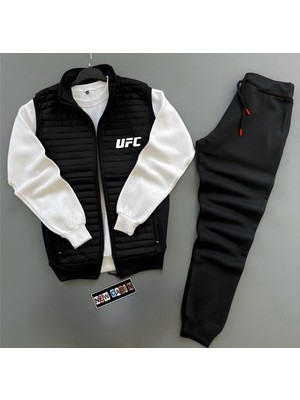 Risil-Nu Company Ufc Baskılı Kapitone Triko Detaylı Yelek-Kışlık Eşofman Altı-Sweatshirt 3'lü Alt Üst Takım