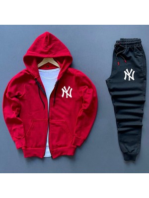 Risil-Nu Company Yeni Sezon Pamuklu Içi Şardonlu Kapüşonlu Cepli Ny Baskılı Sweat Ceket ve Eşofman Altı 2'li Takım