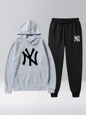 Risil-Nu Company Yeni Sezon New York Baskılı Pamuklu Kapüşonlu Sweatshirt & Kışlık Eşofman Altı 2'li Takım