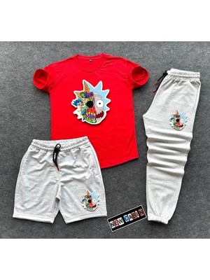 Risil-Nu Company Unisex Efsane Kombin Yazlık Şort-Eşofman Altı-Tişört Slim Fit 3'lü Rick Baskılı Takım Kombin Alt Üst