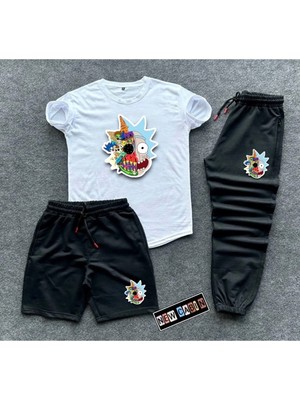 Risil-Nu Company Unisex Efsane Kombin Yazlık Şort-Eşofman Altı-Tişört Slim Fit 3'lü Rick Baskılı Takım Kombin Alt Üst
