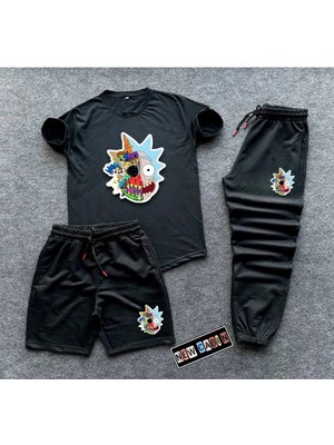 Risil-Nu Company Unisex Efsane Kombin Yazlık Şort-Eşofman Altı-Tişört Slim Fit 3'lü Rick Baskılı Takım Kombin Alt Üst