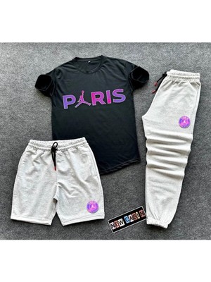 Risil-Nu Company Yeni Sezon Paris Baskılı Trend 3’lü Tişört-Eşofman-Şort Slim Fit Takım Alt Üst