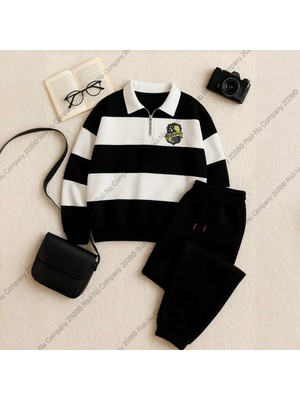 Risil-Nu Company Yeni Sezon Premium Kumaş (Unisex) Polo Yaka Parçalı 3 Iplik Sweatshirt - Eşofman Altı 2'li Takım