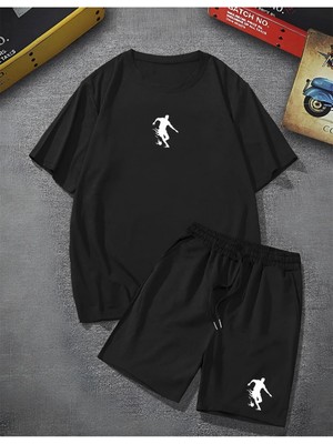 Risil-Nu Company Basketbol Silüet Baskılı Oversize T-Shirt Şort Takımı, 2'li Alt Üst Takım