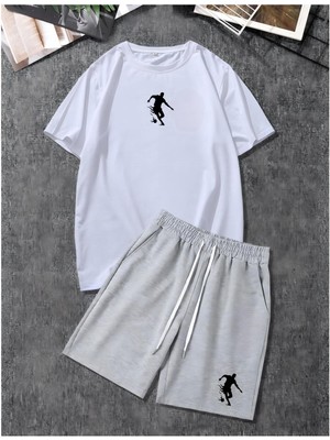 Risil-Nu Company Basketbol Silüet Baskılı Oversize T-Shirt Şort Takımı, 2'li Alt Üst Takım