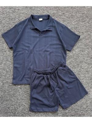 Risil-Nu Company Premium Pamuklu Petek Kumaş Kendinden Desenli Unisex Polo Yaka T-Shirt ve Şort Takım