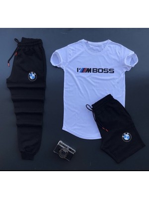 Risil-Nu Company Yeni Sezon Unisex I'm Boss Bmw Baskılı Tişört-Eşofman Altı-Şort 3'lü Kombin Alt Üst Takımlar