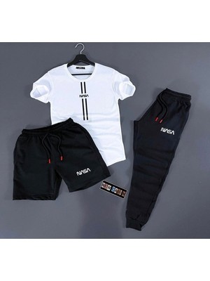 Risil-Nu Company 3'lü Unisex Şort-Eşofman Altı-Tişört Slim Fit Nasa Çizgi Baskılı Takım Kombin Alt Üst