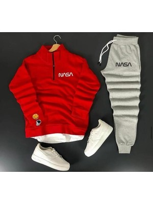 Risil-Nu Company Unisex Nasa Baskılı Yarım Fermuarlı Siyah Sweat- Siyah Pamuklu Eşofman Altı Takım Alt Üst 2'li