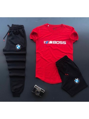 Risil-Nu Company Mpower Bmw Baskılı Şort-Eşofman Altı-Tişört Slim Fit 3'lü Takım Kombin Alt Üst