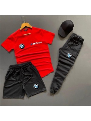 Risil-Nu Company Şort-Eşofman Altı-Tişört Slim Fit 3'lü Kırmızı Siyah Takım Kombin