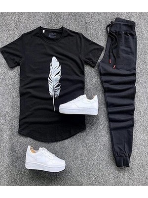 Risil-Nu Company Unisex Siyah Yaprak Baskılı Tişört Siyah Eşofman Altı Kombin Alt Üst Takım