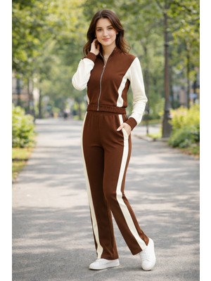 DNRYSL Kadın Fermuarlı Şerit Detaylı Eşofman Takımı Kahverengi Bol Paça