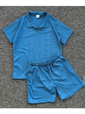 Risil-Nu Company Premium Pamuklu Petek Kumaş Kendinden Desenli Unisex Polo Yaka T-Shirt ve Şort Takım