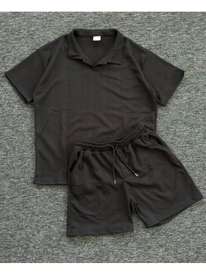 Risil-Nu Company Premium Pamuklu Petek Kumaş Kendinden Desenli Unisex Polo Yaka T-Shirt ve Şort Takım