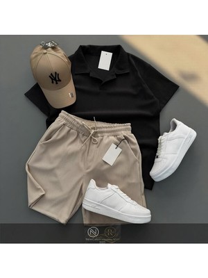 Risil-Nu Company Fitilli Ottoman Premium Kumaş Polo Yaka Unisex T-Shirt ve Şort Takım