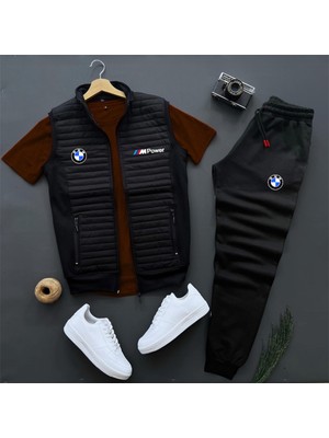 Risil-Nu Company Basic Bmw Mpower Baskılı Kapitone Yelek -Yazlık Eşofman Altı -T-Shirt 3'lü Alt Üst Takım