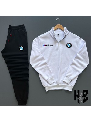 Risil-Nu Company Unisex Beyaz Bmw Baskılı Yarım Fermuarlı Sweatshirt Eşofman Altı Takımı