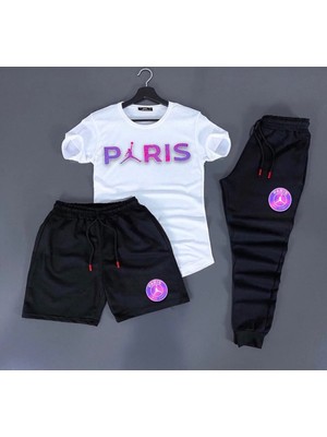 Risil-Nu Company Yeni Sezon Paris Baskılı Trend 3’lü Tişört-Eşofman-Şort Slim Fit Takım Alt Üst
