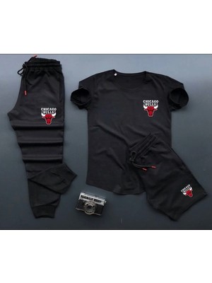 Risil-Nu Company 3'lü Unisex Yazlık Şort-Eşofman Altı-Tişört Slim Fit Bulls Baskılı Takım Kombin Alt Üst