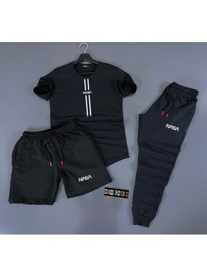 Risil-Nu Company 3'lü Unisex Şort-Eşofman Altı-Tişört Slim Fit Nasa Çizgi Baskılı Takım Kombin Alt Üst