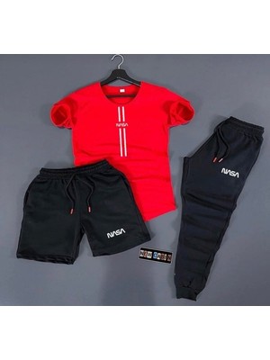 Risil-Nu Company 3'lü Unisex Şort-Eşofman Altı-Tişört Slim Fit Nasa Çizgi Baskılı Takım Kombin Alt Üst
