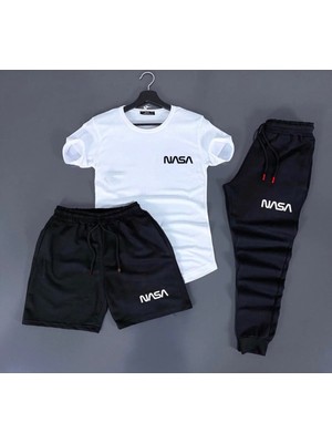 Risil-Nu Company Unisex Yazlık Nasa Baskılı Şort T-Shirt Eşofman Altı 3’lü Set