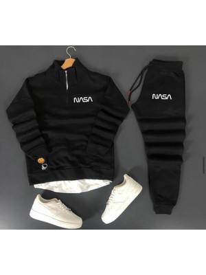 Risil-Nu Company Unisex Nasa Baskılı Yarım Fermuarlı Siyah Sweat- Siyah Pamuklu Eşofman Altı Takım Alt Üst 2'li