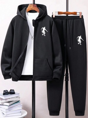 Risil-Nu Company Basketbol Silüet Baskılı Eşofman Takımı – Kapüşonlu Sweat Ceket  & Jogger Eşofman Altı