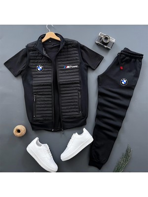Risil-Nu Company Basic Bmw Mpower Baskılı Kapitone Yelek -Yazlık Eşofman Altı -T-Shirt 3'lü Alt Üst Takım