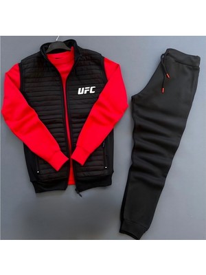 Risil-Nu Company Ufc Baskılı Kapitone Triko Detaylı Yelek-Kışlık Eşofman Altı-Sweatshirt 3'lü Alt Üst Takım