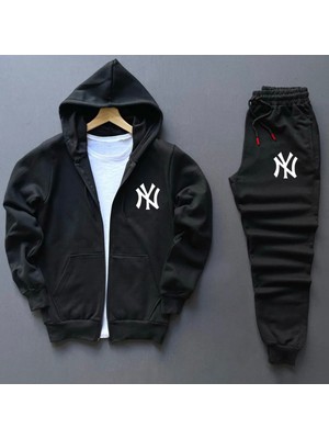 Risil-Nu Company Yeni Sezon Pamuklu Içi Şardonlu Kapüşonlu Cepli Ny Baskılı Sweat Ceket ve Eşofman Altı 2'li Takım