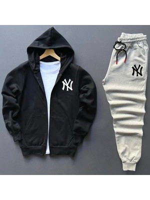Risil-Nu Company Yeni Sezon Pamuklu Içi Şardonlu Kapüşonlu Cepli Ny Baskılı Sweat Ceket ve Eşofman Altı 2'li Takım