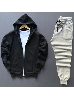 Risil-Nu Company Yeni Sezon Pamuklu Içi Şardonlu Kapüşonlu Cepli Sweat Ceket ve Eşofman Altı 2'li Takım