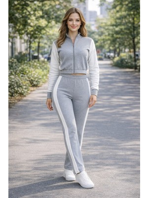 DNRYSL Kadın Fermuarlı Şerit Detaylı Eşofman Takımı Gri Bol Paça
