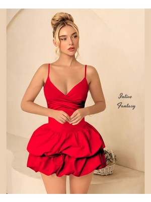 Intive Lingerie Intive Eteği Kabartmalı Balon Kesim Ince Askılı V Yaka Mini Gecelik/elbise